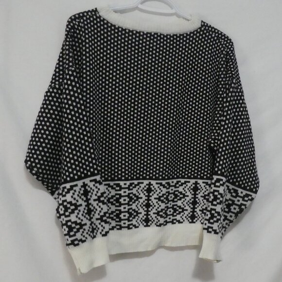 Black and White Patterned Knit Sweater | medium | Ribbed Neck, Bottom & Cuffs - Picture 2 of 15